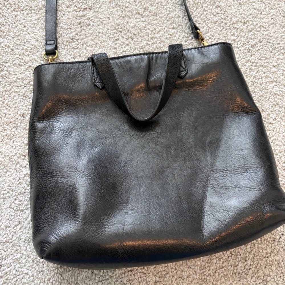 Madewell Zip Top Transport Crossbody Tote Bag Black Leather Minimalist Casual - Picture 2 of 11